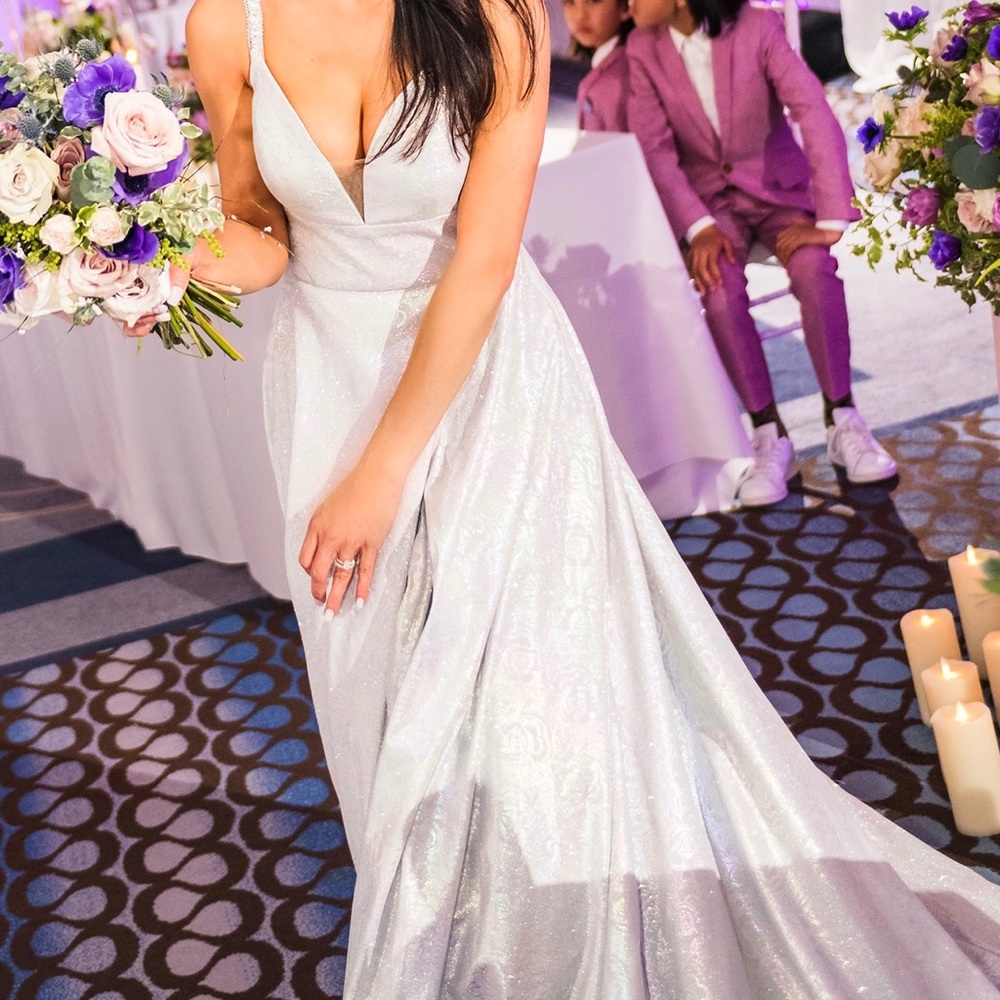 Cinderella Silver Glitter Plunging V-Neck Gown XS